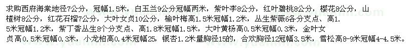 求購(gòu)西府海棠、白玉蘭、紫葉李、紅葉碧桃、山楂樹、紅花石榴、櫻 