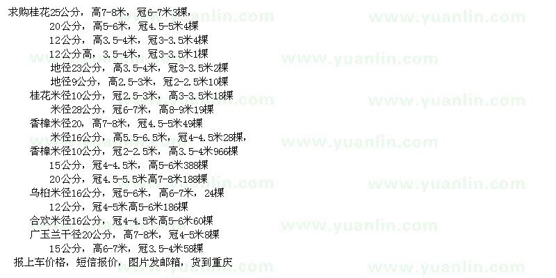 求購桂花、香樟、烏桕、合歡，廣玉蘭