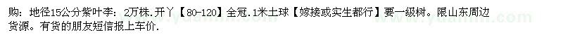 求購地徑15公分紫葉李：2萬株