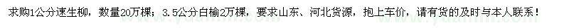 求購1公分速生柳20萬棵、3.5公分白榆2萬棵