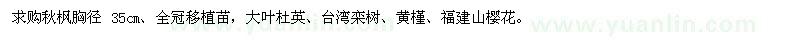 求購秋楓、大葉杜英、臺灣欒樹、黃槿、福建山櫻花