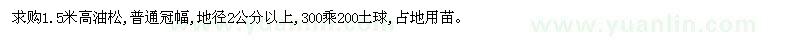 求購1.5米高油松,普通冠幅,地徑2公分以上