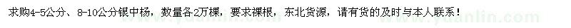 求購(gòu)4-5公分、8-10公分銀中楊各2萬棵