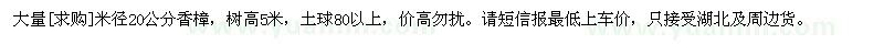 求購大量米徑20公分香樟，樹高5米
