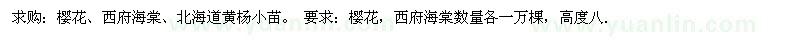 求購(gòu)櫻花、西府海棠、北海道黃楊小苗 