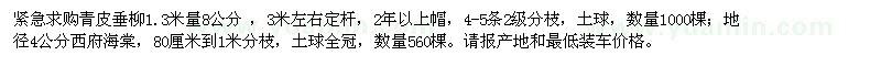求購(gòu)8公分青皮垂柳,地徑4公分西府海棠