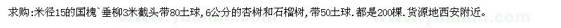 求購(gòu)米徑15的國(guó)槐、垂柳、杏樹和石榴樹