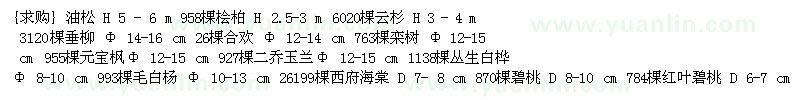 求購油松 檜柏 云杉 垂柳 合歡樹 欒樹 元寶楓 二喬玉蘭 碧桃