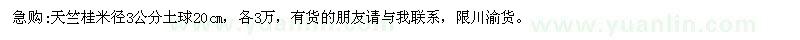 求購天竺桂米徑3公分土球20cm