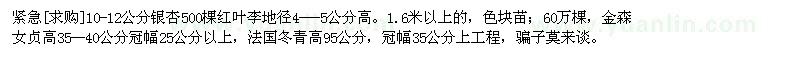求購銀杏 紅葉李，金森女貞，法國冬青