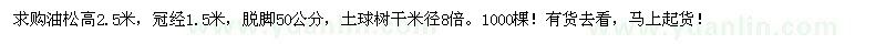 求購(gòu)油松高2.5米，冠經(jīng)1.5米，脫腳50公分 