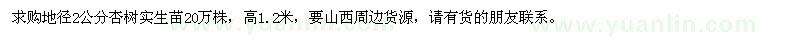 求購地徑2公分杏樹實生苗20萬株