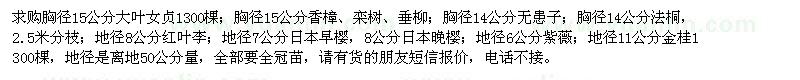 求購大葉女貞、金桂、香樟、欒樹、紫薇、垂柳、無患子、法桐、紅葉李等