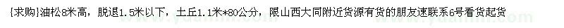 求購(gòu)油松8米高，脫退1.5米以下（山西省運(yùn)城市）