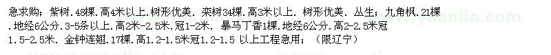 求購紫樹、欒樹、九角楓、暴馬丁香、金鐘連翹