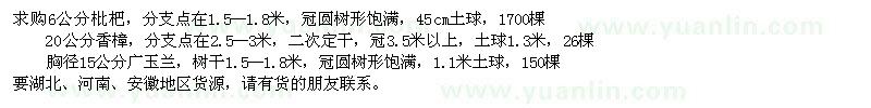 求購6公分枇杷，20公分香樟，15公分廣玉蘭