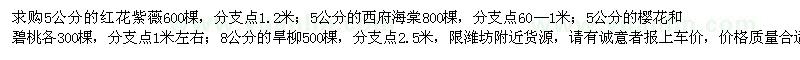 求購(gòu)5公分的紅花紫薇、西府海棠、櫻花、碧桃，8公分的旱柳