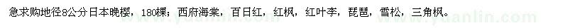 求購急日本晚櫻，西府海棠，百日紅，紅楓，紅葉李，琵琶，雪松，三角楓