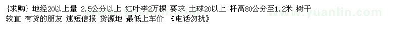 求購地經(jīng)20以上量 2.5公分以上 紅葉李2萬棵（河南省許昌市）