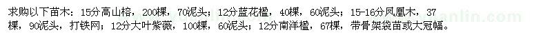 求購15分高山榕，200棵，70泥頭；12分藍(lán)花楹，40棵等