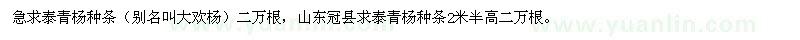 求購泰青楊種條（別名叫大歡楊）二萬根