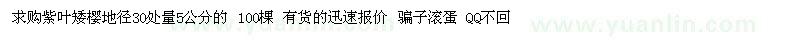 求購紫葉矮櫻地徑30處量5公分的 100棵 