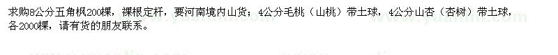 求購8公分五角楓，4公分毛桃、山杏