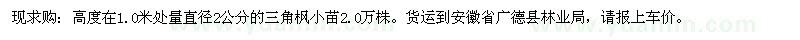 求購直徑2公分的三角楓苗木2.0萬株