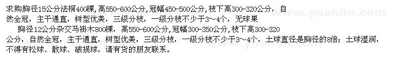 求購15公分法桐，12公分雜交馬褂木