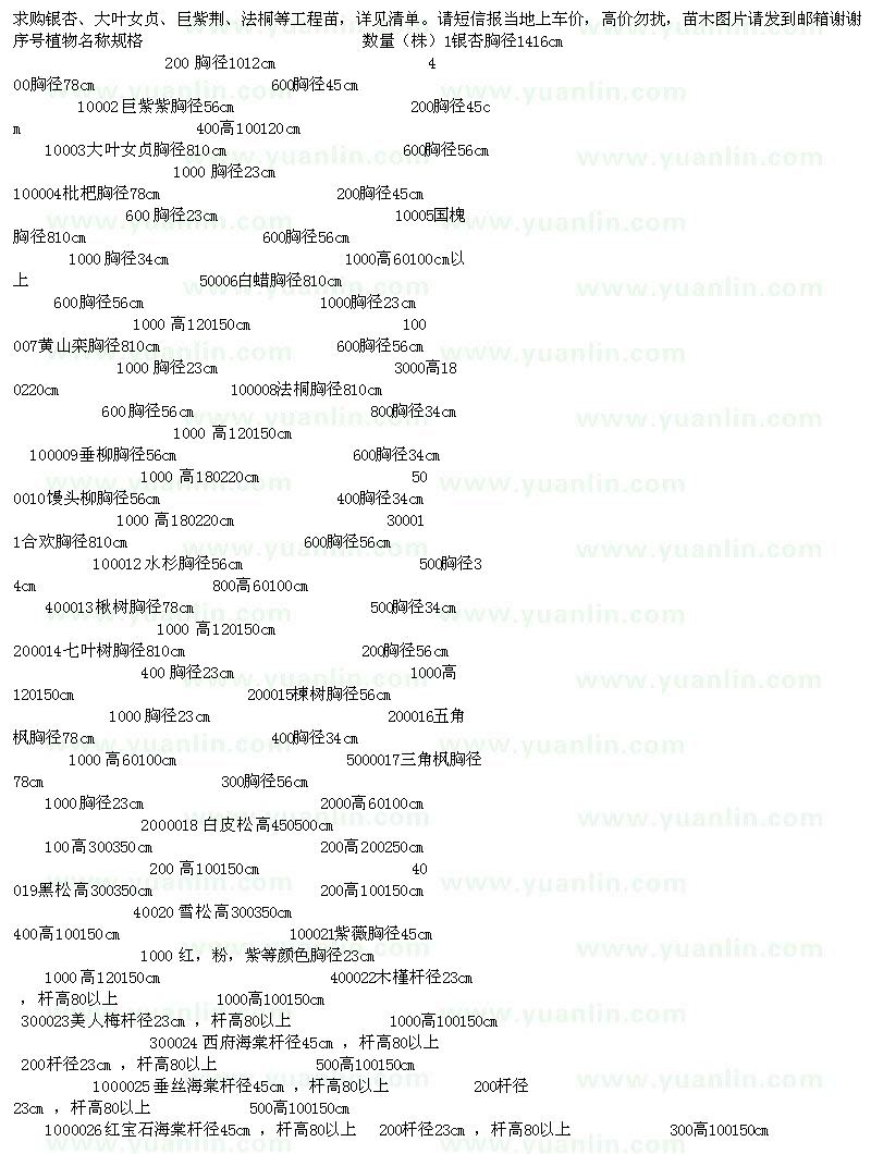 求購(gòu)銀杏、大葉女貞、巨紫荊、法桐等工程苗，詳見清單