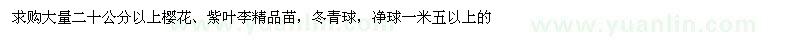 求購櫻花、紫葉李、冬青球