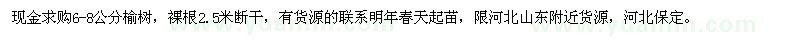 求購現(xiàn)金求購6-8公分榆樹，裸根2.5米斷干 