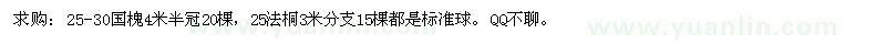 求購25-30國槐4米半冠20棵，25法桐3米分支15棵 