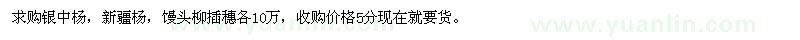 求購銀中楊，新疆楊，饅頭柳插穗各10萬 