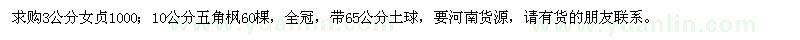 求購3公分女貞，10公分五角楓