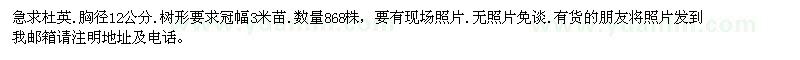 求購杜英.胸徑12公分.樹形要求冠幅3米苗.數(shù)量868株，
