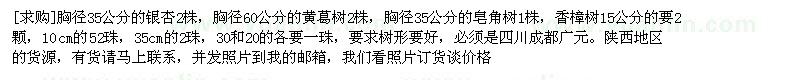 求購銀杏，黃葛樹，皂角樹，香樟樹