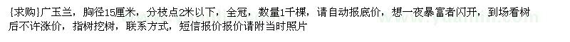 求購(gòu)廣玉蘭，胸徑15厘米，分枝點(diǎn)2米以下，全冠