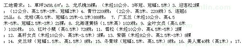 求購(gòu)1、草坪2458.6㎡；2、龍爪槐39棵；3、迎客松2棵等工地用苗