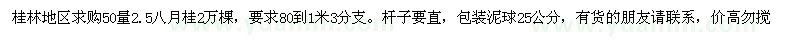 求購桂林地區(qū)50量2.5八月桂2萬棵