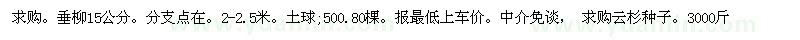 求購垂柳15公分、云杉種子3000斤 