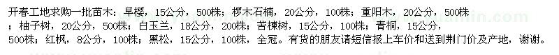 求購早櫻、欏木石楠、重陽木、柚子樹等苗木