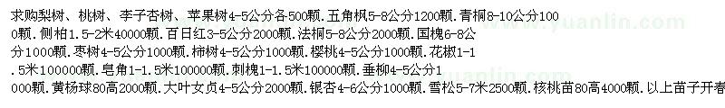 求購梨樹、桃樹、李子杏樹、蘋果樹、五角楓、青桐、側(cè)柏、百日紅、法桐、國槐、棗樹、柿樹、櫻桃等 