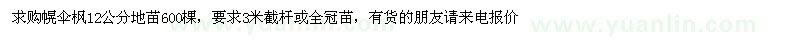 求購幌傘楓12公分地苗600棵