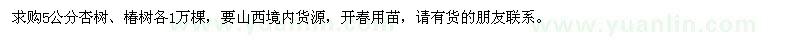 求購5公分杏樹、椿樹各1萬棵