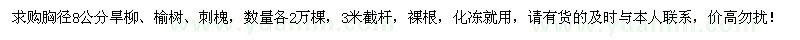 求購胸徑8公分旱柳、榆樹、刺槐各2萬棵