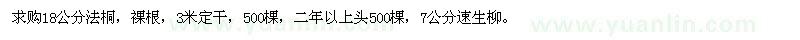 求購18公分法桐500棵、7公分速生柳