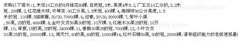 求購米徑10公分的8月桂花\廣玉蘭等
