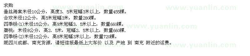 求購垂絲海棠、合歡、四季楊等