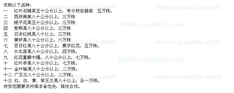 求購紅葉石楠、西府海棠、紫荊等